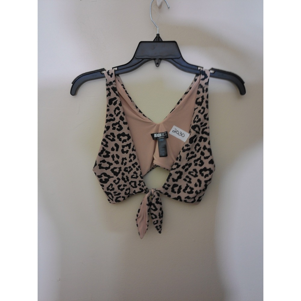 Beach Riot Bikini Top Womens Medium Tan Leopard Ribbed Front Tie Flirty Glam